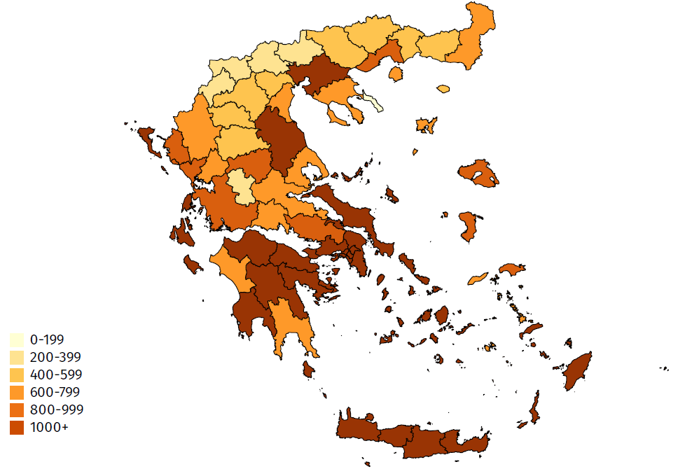 Hier sollte ein Bild der Anzahl der Coronafälle der letzten 14 Tage in Griechenland sein